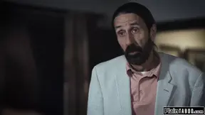 Petite stepdaughter makes her new stepdad lick and fuck her