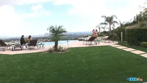 By the pool the brunette and blonde lesbians talk and eventually get inside for a passionate sixty nine