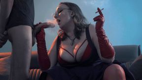 Spitting Blowjob Smoking MILF - Dominant Bitch in Glasses & Leather Gloves Edges & Bites Cock (720p)