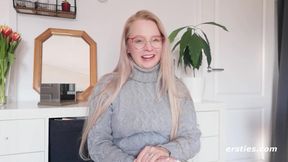 Blonde amateur Anna Talks about her first time squirting in public with glasses on