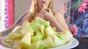 Curvy Girl burps after overeating and stuffing her belly with melon