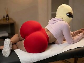Tiny Large Butt Beauty Getting Unfathomable Booty Massage in Red Shorts