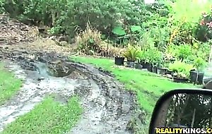 Black haired Bella Reese gets filmed outdoor by Josh