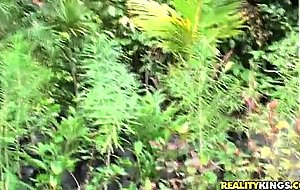 Black haired Bella Reese gets filmed outdoor by Josh