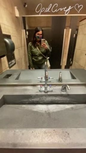 Naughty Slut wearing Crotchless Leggings sprays a Public Bathroom floor with Piss!