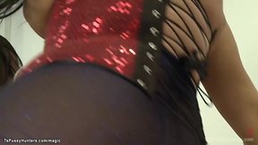 Big tits blond taking two ladyboys
