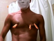 clothespins on nipples and cock