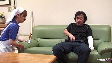 Old ugly Men seduce Japanese Teen Maid to Creampie Fuck at Work in his flat