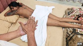 Hot Indian Desi girl body massage old man and her boyfriend ply her pussy and fuck hardcore sex