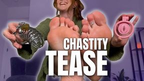 Chastity Tease - This is the push you need to get started on your chastity journey. Relentlessly teasing you and loving every second of your wincing in pain, She revels in every passing moment watching you squirm as Her soles make it tighter.