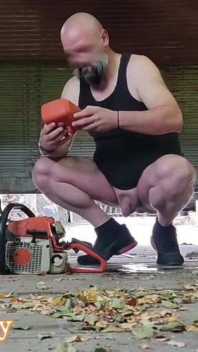 Naked Pissing in Garage Playing with My Tools