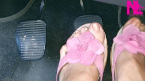 Revving My Car in Pink Flowered Flip Flops