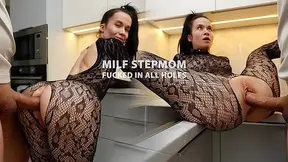 Stepson caught MILF stepmom in sexy outfit and fucked in all holes