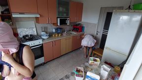 Hot amateur couple having fun in the kitchen. Sexy mom has breakfast in the bedroom, hairy, big, big ass