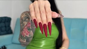 New RED Long sharp nails, claws and tight leather mini dress on