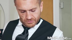 Suited hunk Emir Boscatto raw rides Sir Peters massive cock slab