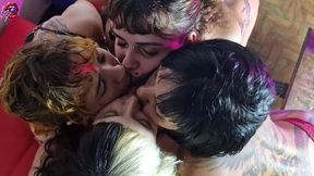 candy crush, queen kimi, von poison and luna olvr smoking with their feet, stripping and kissing