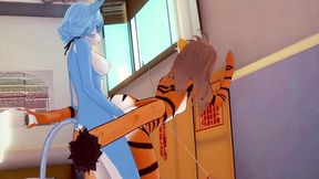 furry yiff hentai 3d - cat futanari fucks a tiger woman with creampie - japanese asian manga anime game porn animation