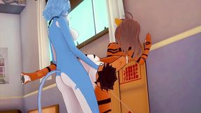 furry yiff hentai 3d - cat futanari fucks a tiger woman with creampie - japanese asian manga anime game porn animation