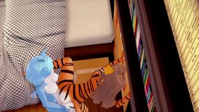 furry yiff hentai 3d - cat futanari fucks a tiger woman with creampie - japanese asian manga anime game porn animation
