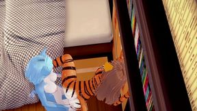 furry yiff hentai 3d - cat futanari fucks a tiger woman with creampie - japanese asian manga anime game porn animation