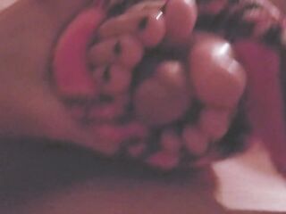 flawless footjob toejob with her ideal cute toes ebony nail polish and cums hard