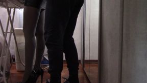 The milf with beautiful legs and pantyhose irons and gets touched and fucked