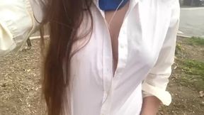Milf with big boobs shows her perfect tits in public
