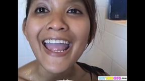 Petite brunette Asian babe shares shower with BrookeSkye