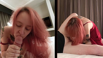 Petite white girl with pink hair gives blowjob and rides cock in sexy clothes