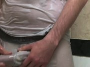 Wet t-shirt and boxers wank
