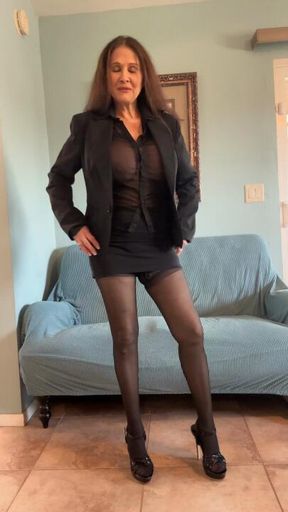 SOLO, BLACK DRESS WITH BLACK PANTYHOSE AND BLACK HEELS, 2/16/2025