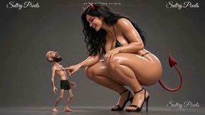 Giant She-devil Strips Topless for Her Tiny Bearded Man - He Kisses Her High Heel