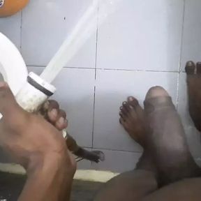 Hot boy masterbating in the bathroom during washing clothes