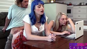 Horny guy gave a couple of skinny stepsister a break, to share his dick