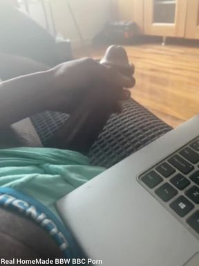 Stroking My Big Black Cock Watching Porn