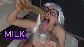 cosplay girl plays with milk and pours milk on herself then plays with it and takes milk in her mouth and plays with it then pours milk on her big breasts and makes silly faces while playing with milk then sucks a dildo with lots of milk