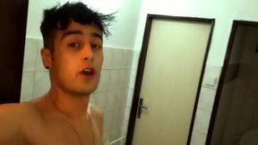 Twink Risky Jerks Cock at the Public Toilet and Cums on Occupied Cabin