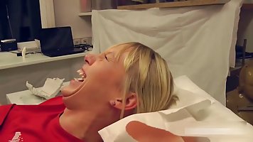 Laureen Pink is about to get her vagina molded in the studio, by a group of guys