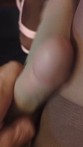 Stroking My Hard Cock with My Pantyhose Covered Fake Cock