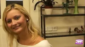Shy blonde gives sloppy blowjob during POV interview