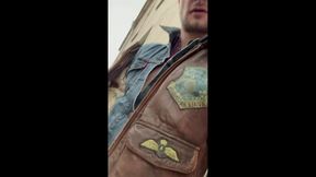 Kinkysirius Enjoy Rain Shower in Brown Vintage Leather Bomber and Levis Jeans Outfit