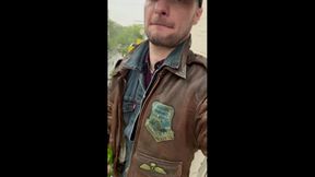 Kinkysirius Enjoy Rain Shower in Brown Vintage Leather Bomber and Levis Jeans Outfit