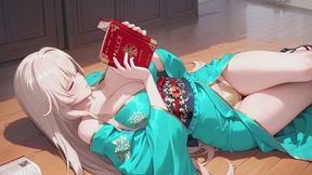 Blonde Anime Girl in Bed! Legs Spread Wide with Two Yellow Chickies on Her Ass, Fingertips Teasing Private Parts, Can You Handle This Contrast?