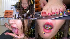 Narumi Hirose - Giantess cute girl Smashing by Butt and Sole, Spitting, Licking by Huge Tongue, Swallowing Tiny poor citizens