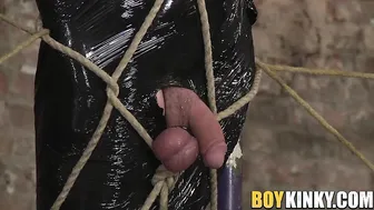 Bound twink gets his cock teased and edged in kinky bondage session