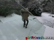 Girlfriends play in snow before warming up with hot lesbian sex