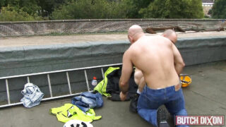 Hairy bears Carlo Cox and Ray Stone in uniforms swap blowjobs and anal pounding outdoors