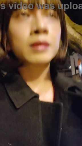 Shemale Ting xuan puts on butt plug while taking a walk