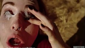 Petite slut dominated in BDSM session with cum, piss, and eye play